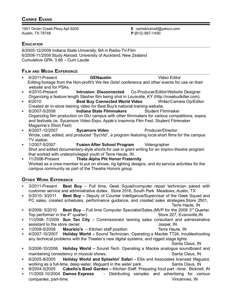 Page 1 of 1, Carrie Evans's Resume 2012