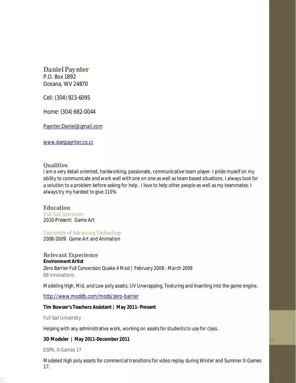Page 1 of 2, Paynter Daniel Resume