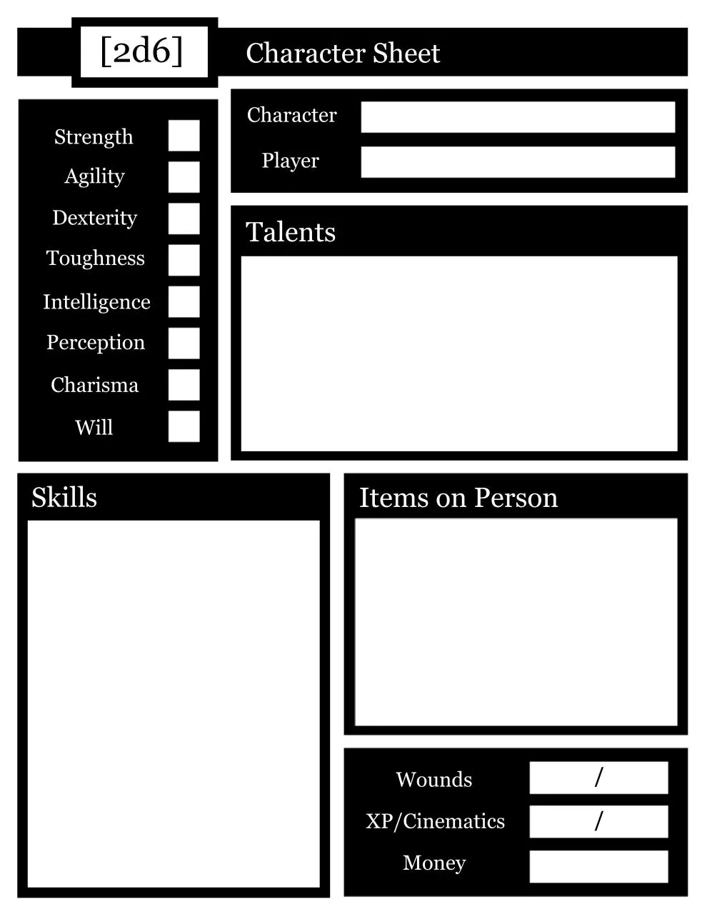 Page 1 of 1, 2d6 Character Sheet
