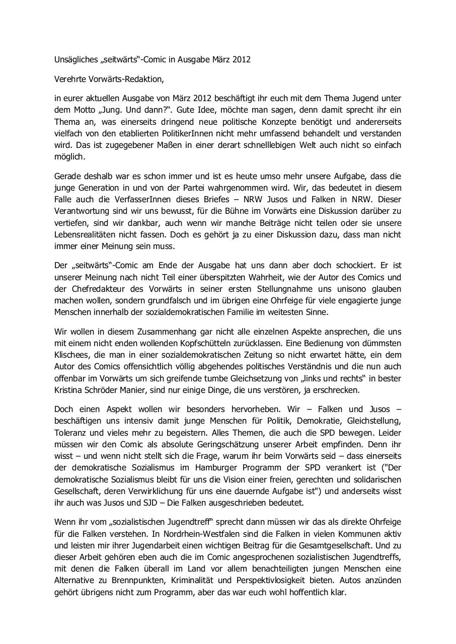 Page 1 of 2, Brief an Vorwaerts bzgl. Comic NRW Falken und Jusos
