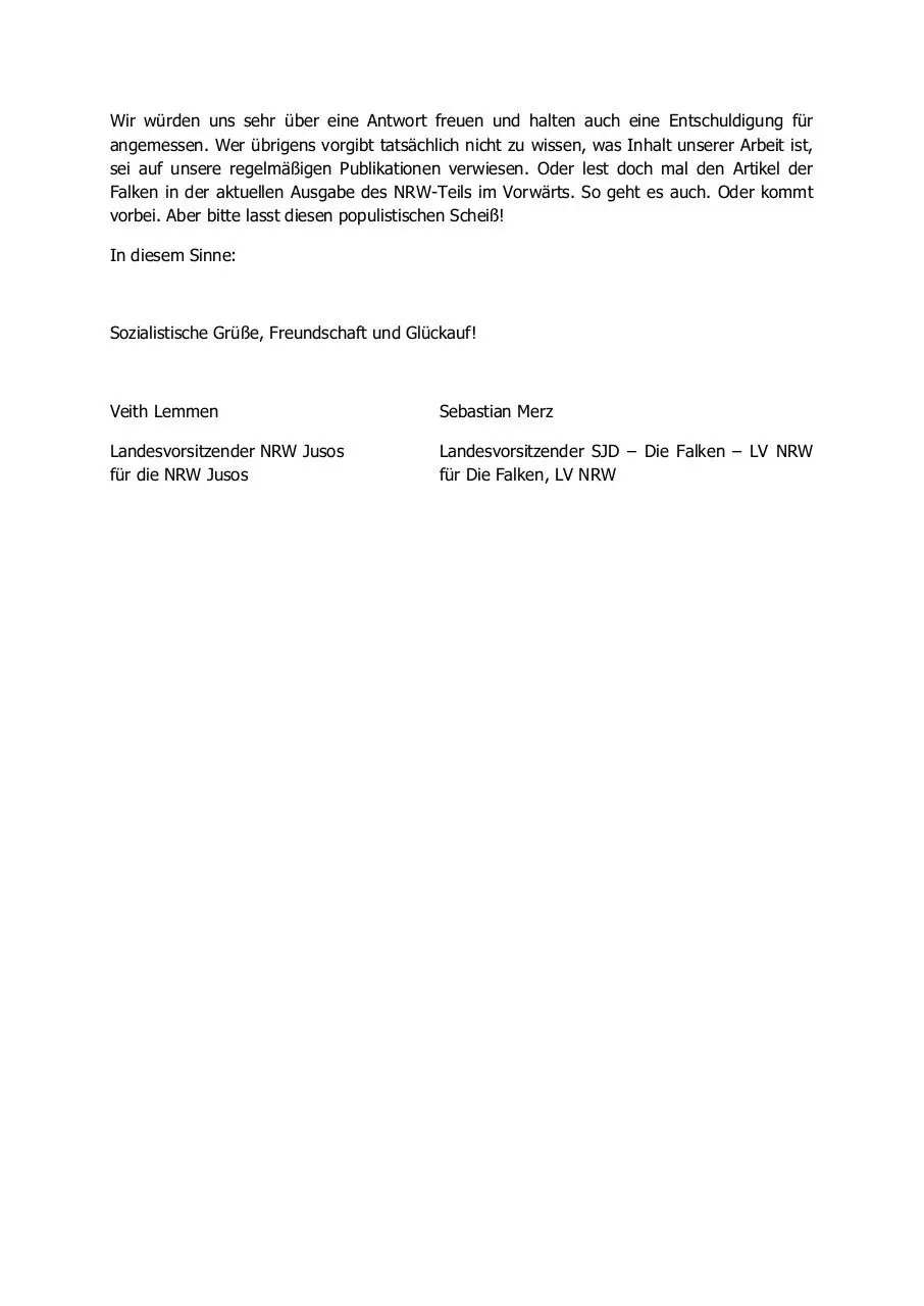 Page 2 of 2, Brief an Vorwaerts bzgl. Comic NRW Falken und Jusos
