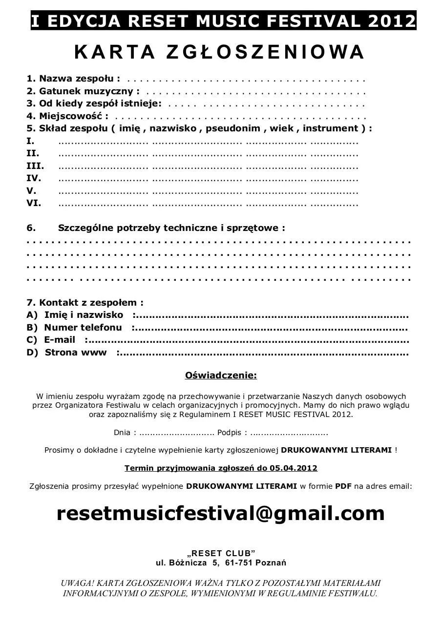 Page 1 of 1, Karta Zgłoszeniowa ResteMusicFestival 2012