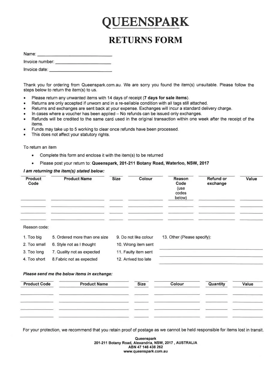 Page 1 of 1, Returns Form