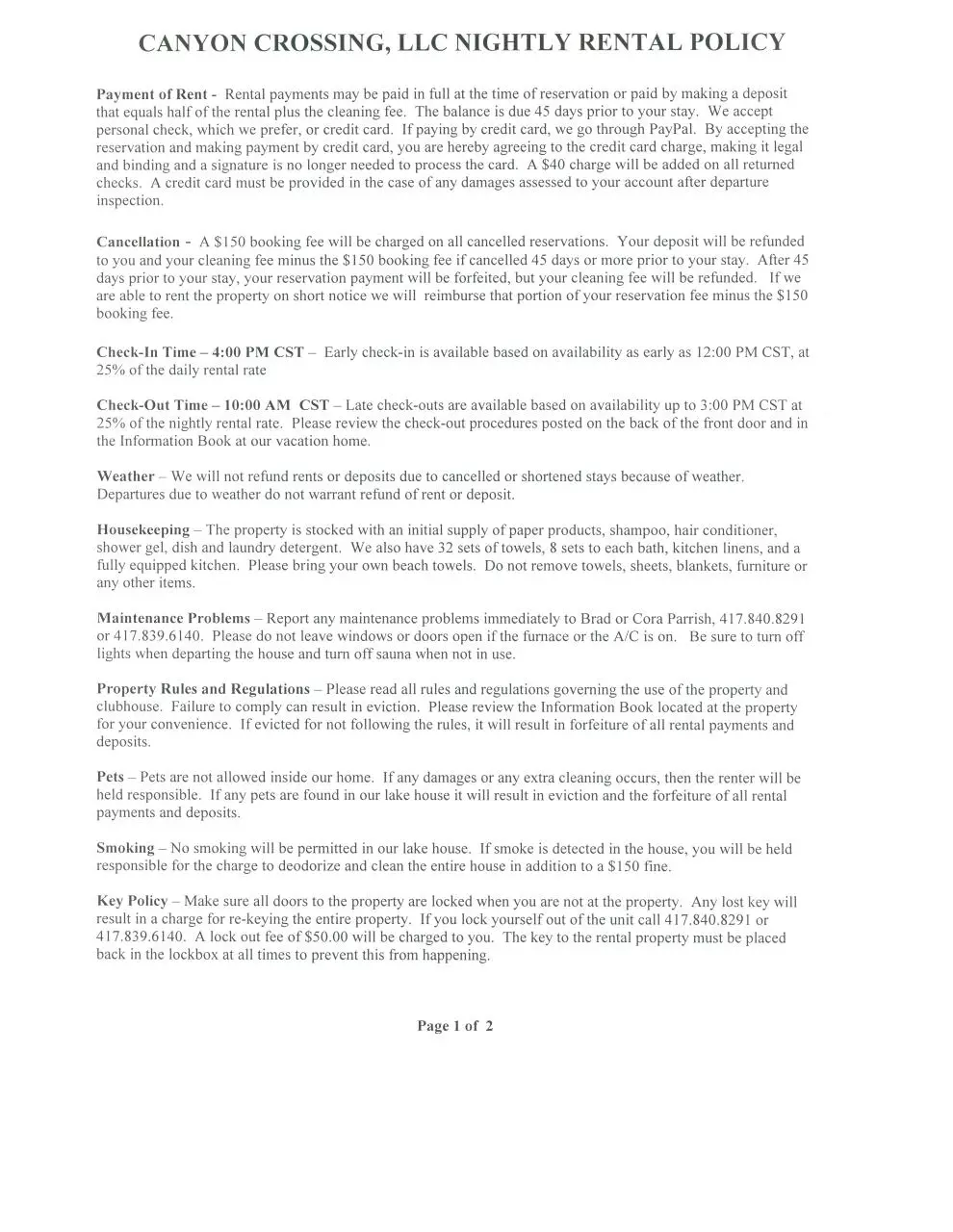 Page 1 of 5, Canyon Crossing Policy, Terms, Info, Map 2011