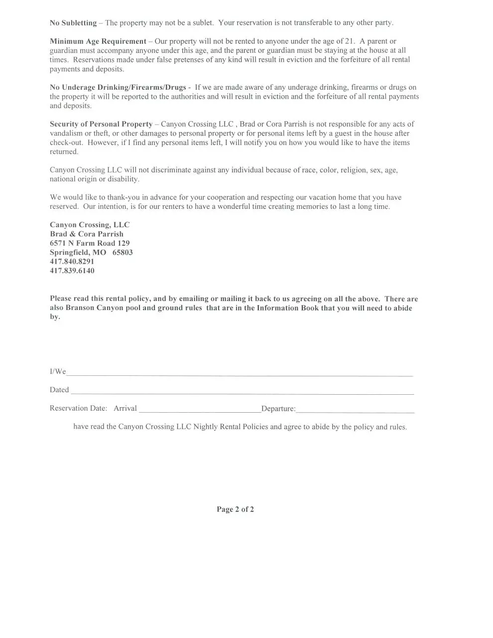 Page 2 of 5, Canyon Crossing Policy, Terms, Info, Map 2011