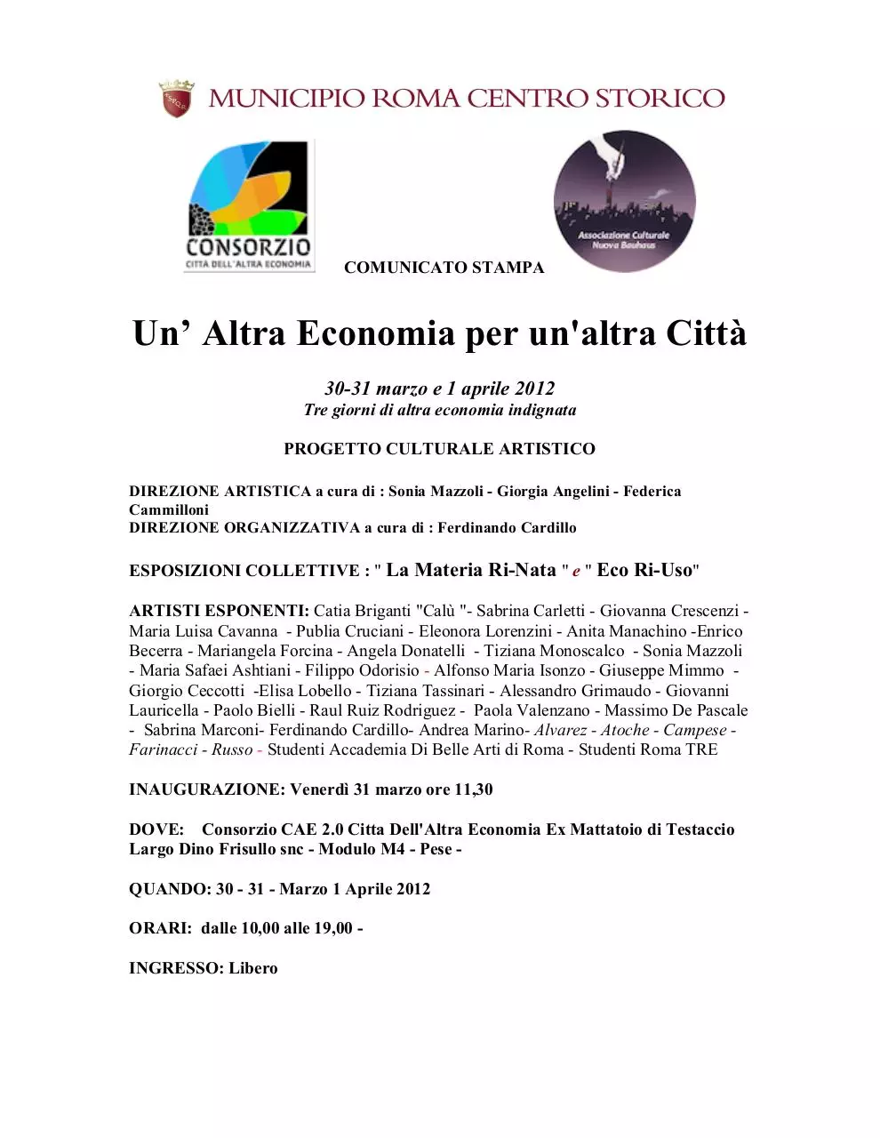 Page 1 of 4, Comunicato Aristico Culturale TRE giorni