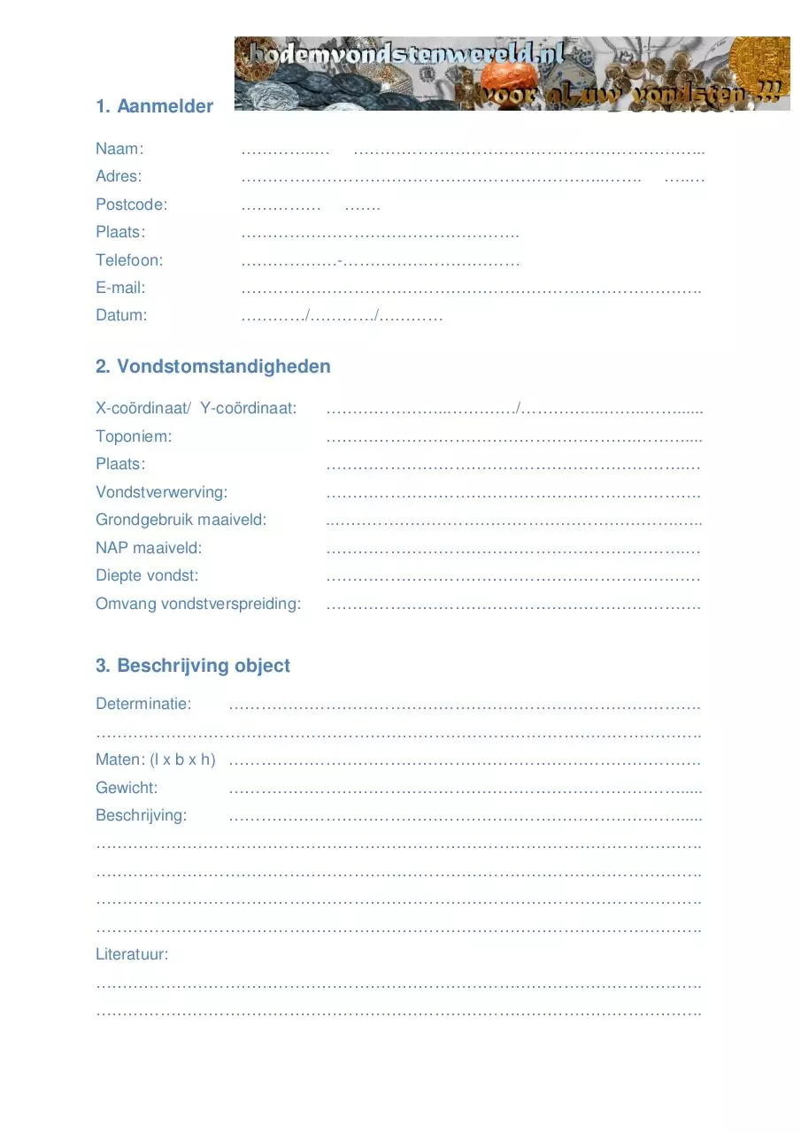 Page 1 of 2, vondstmeldingsformulier
