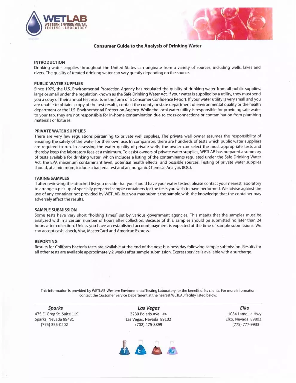 Page 1 of 1, WETLAB Consumer Guide to Drink Water