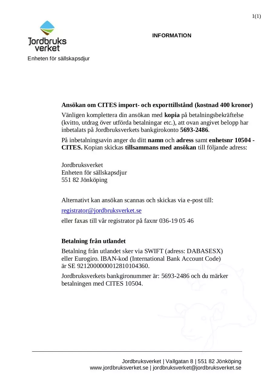 Page 1 of 1, Betalningsbekräftelse CITES tillstånd