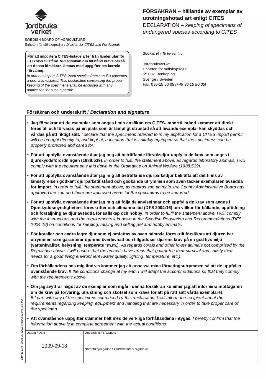 Page 1 of 1, Blankett E9 74 Försäkran