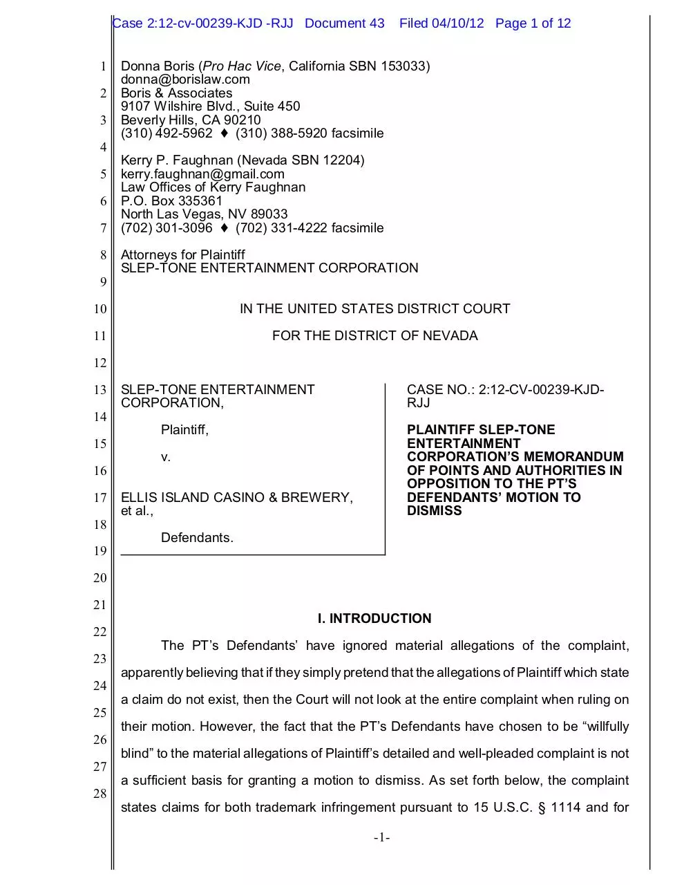 Page 1 of 12, Sound Choice's Response to PT's Motion to Dismiss