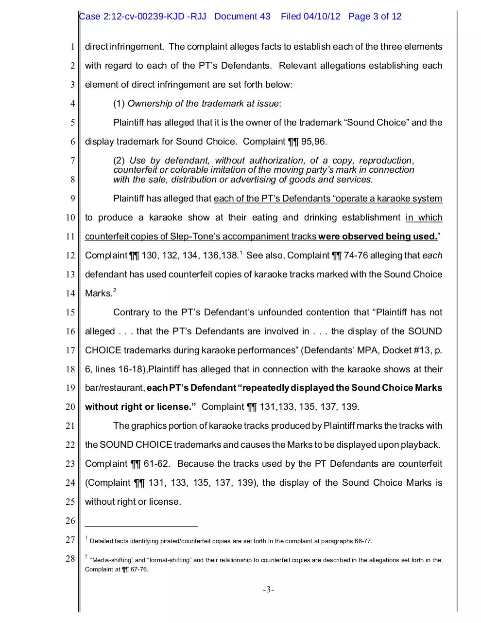 Page 3 of 12, Sound Choice's Response to PT's Motion to Dismiss