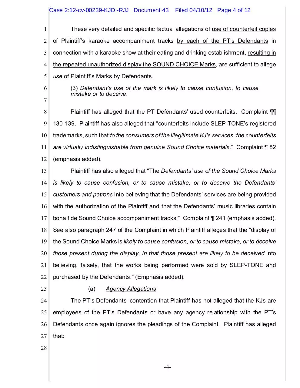 Page 4 of 12, Sound Choice's Response to PT's Motion to Dismiss