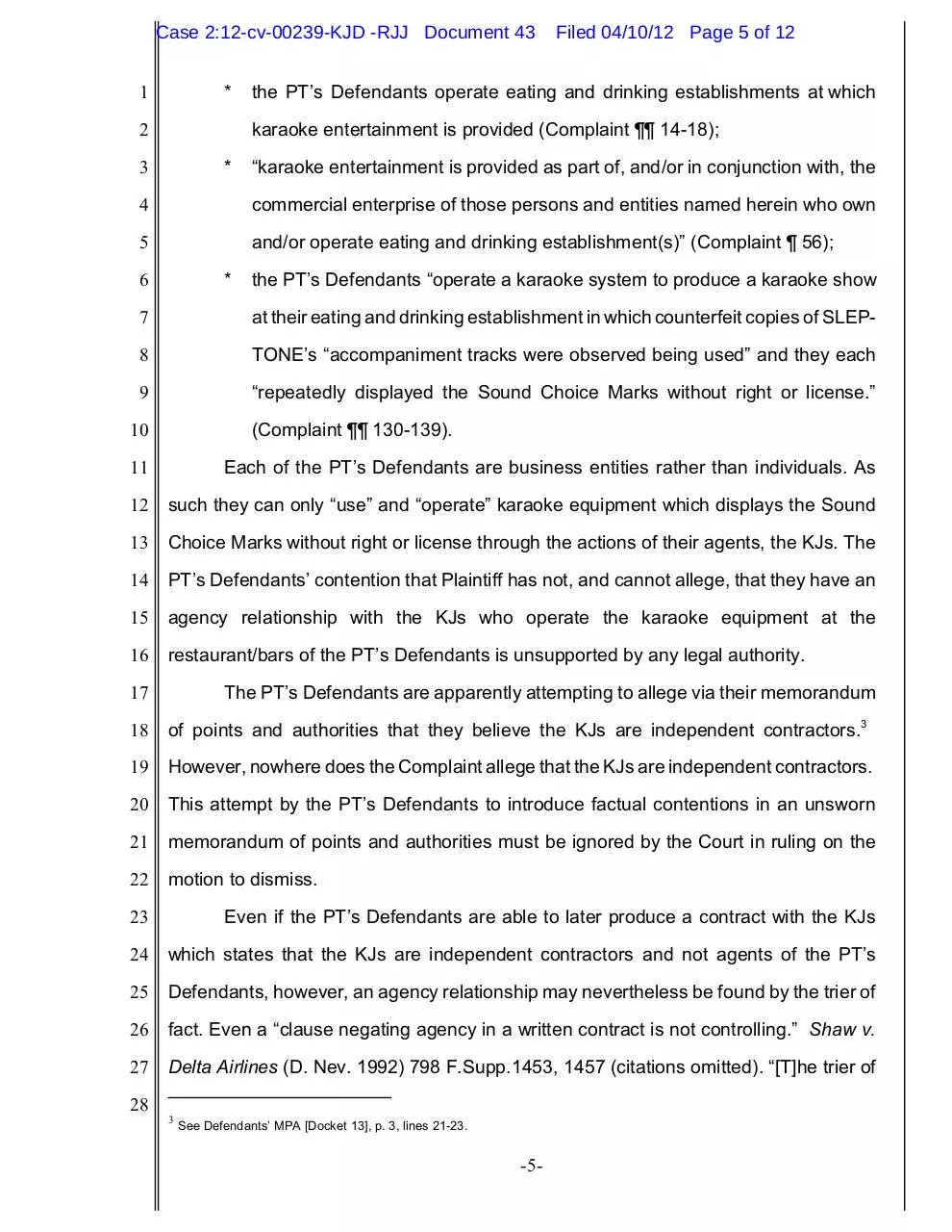 Page 5 of 12, Sound Choice's Response to PT's Motion to Dismiss