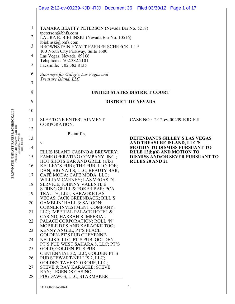 Treasure Island, Gilley's motion to dismiss, sever.pdf - page 1/17