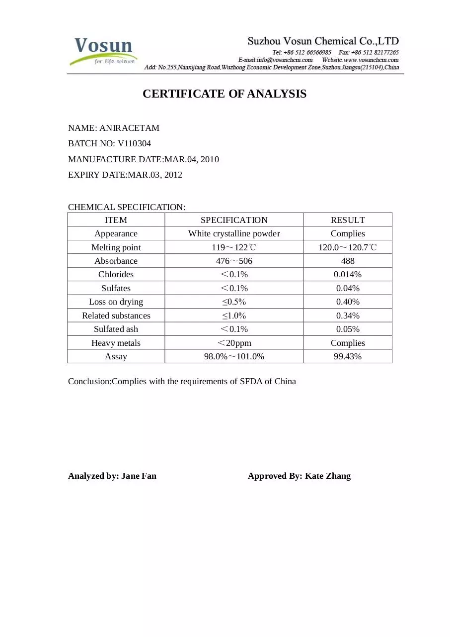 Page 1 of 1, COAAniracetam