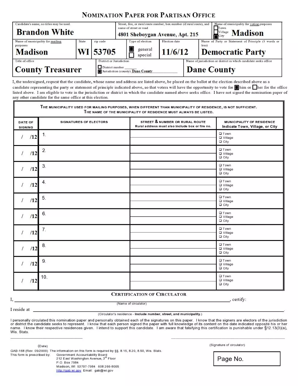 Page 1 of 1, Nomination Paper 1