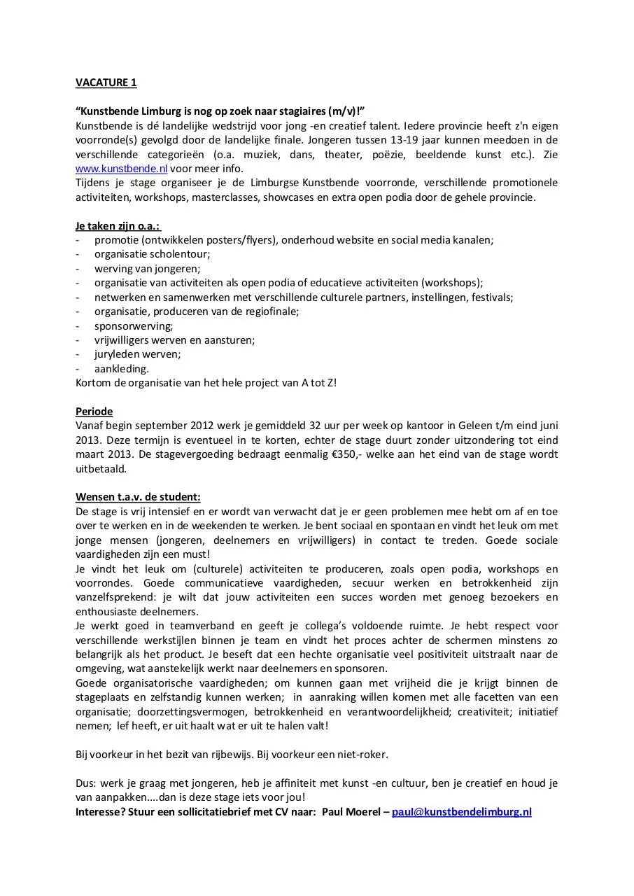 Page 1 of 1, VACATURE Kunstbende 2013