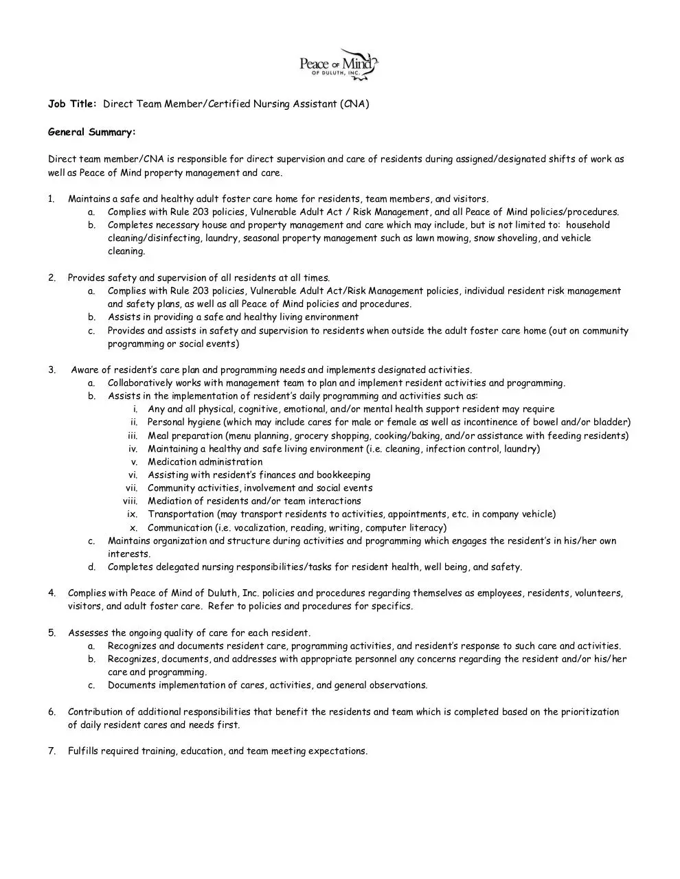 Page 1 of 2, DIRECT TEAM MEMBER AND CNA JOB DESCRIPTION 2012
