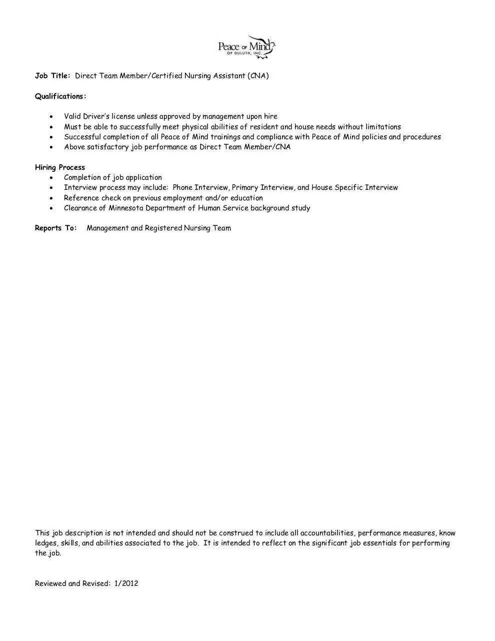 Page 2 of 2, DIRECT TEAM MEMBER AND CNA JOB DESCRIPTION 2012