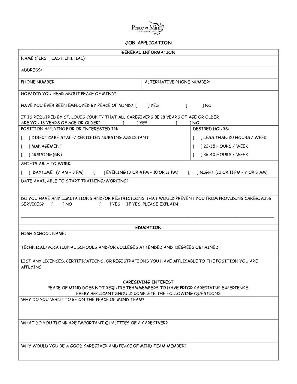 Page 1 of 2, JOB APPLICATION