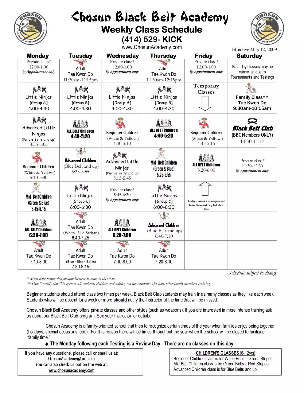 Page 1 of 1, Schedule for Chosun Academy May 12, 2009