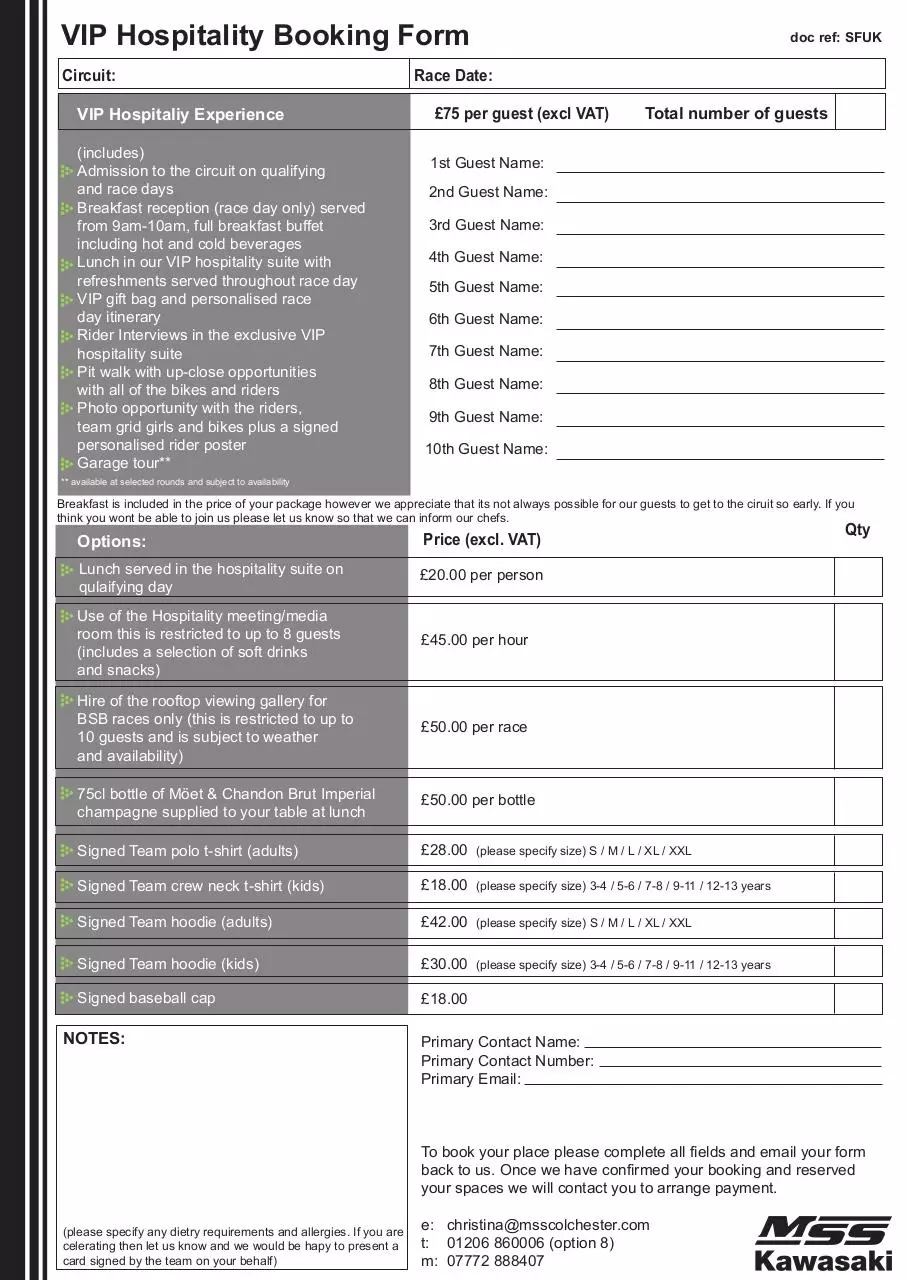 Page 1 of 1, VIP Hospitality Booking Form Special Forces