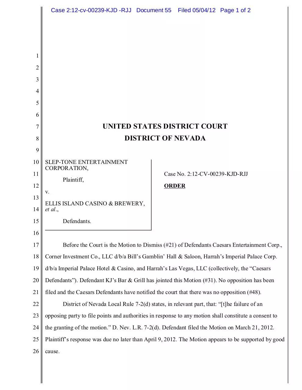 Page 1 of 2, 55 Order Dismissing Caesars