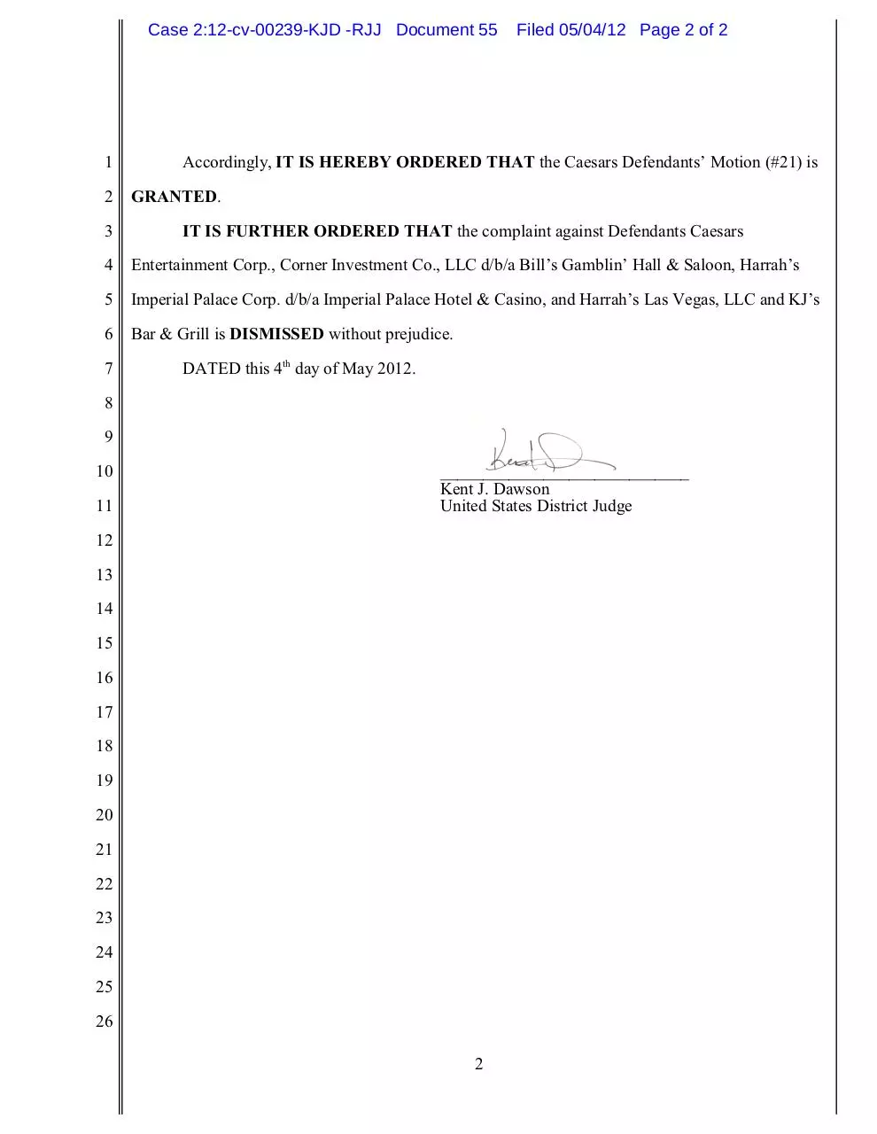 Page 2 of 2, 55 Order Dismissing Caesars