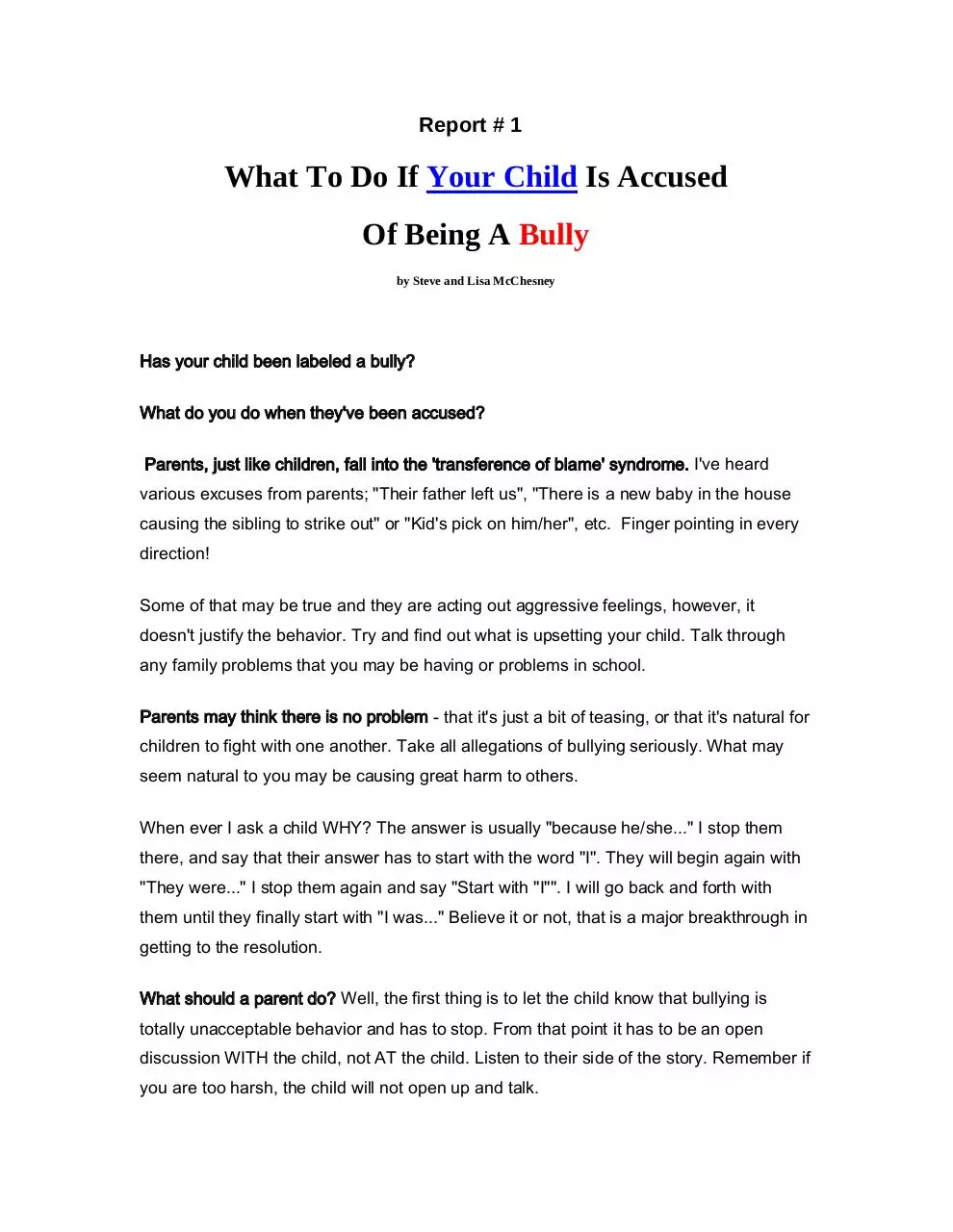 Page 1 of 3, Report 1 What to Do if Your Child is Accused of Being a Bully
