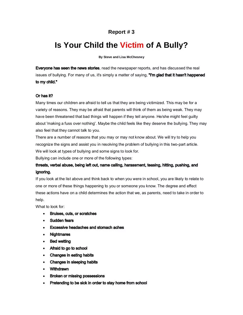 Page 1 of 4, Report 3 Is Your Child a Victim of a Bully