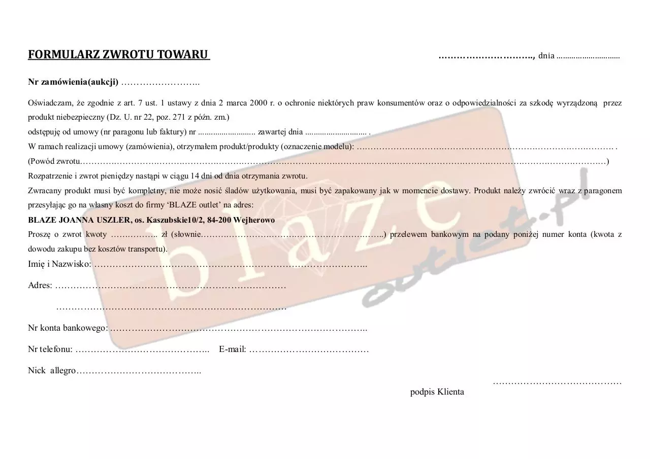 Page 1 of 1, FORMULARZ ZWROTU TOWARU nowy