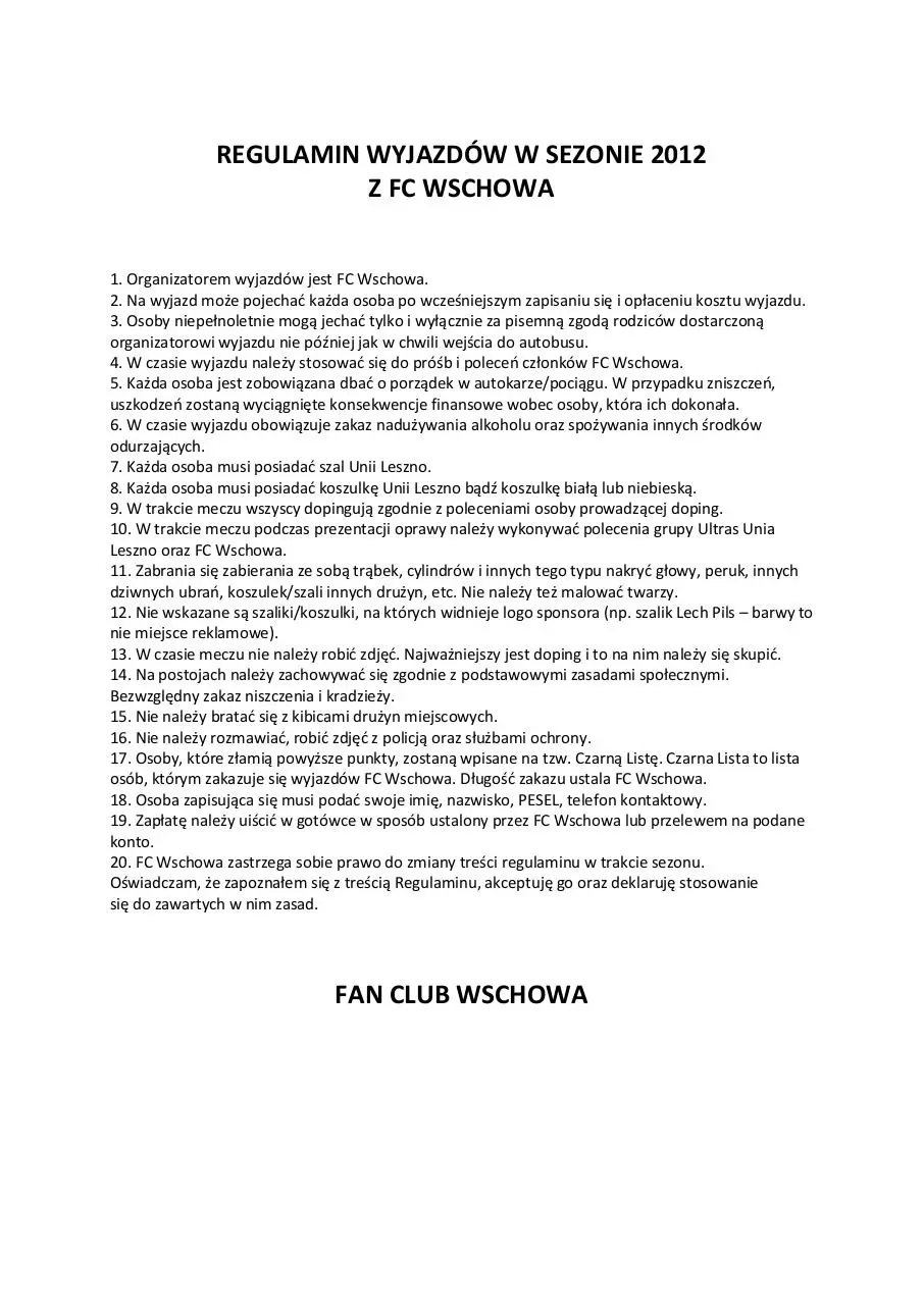 Page 1 of 1, REGULAMIN WYJAZDÓW W SEZONIE 2012