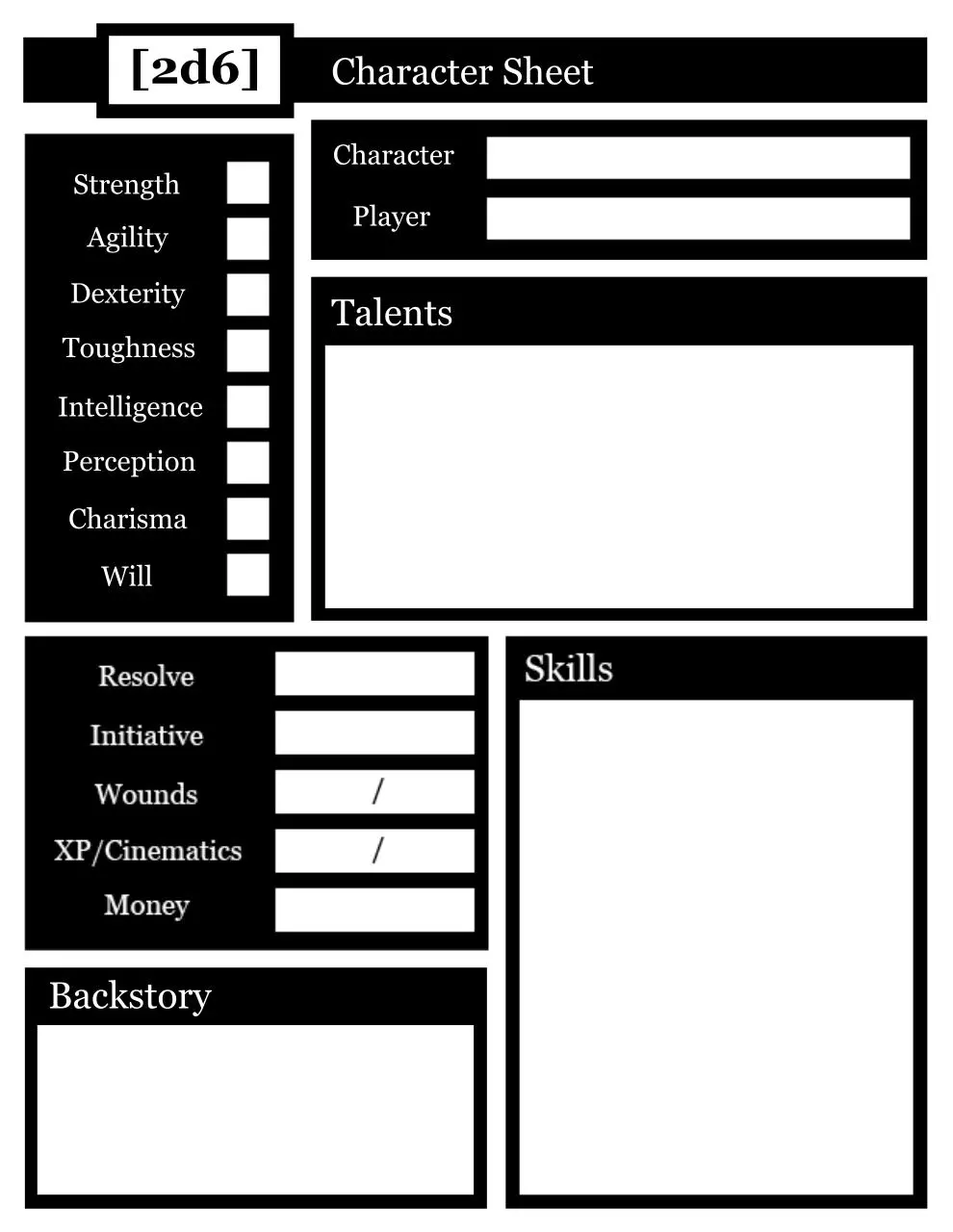 Page 1 of 1, 2d6 Character Sheet Full Release
