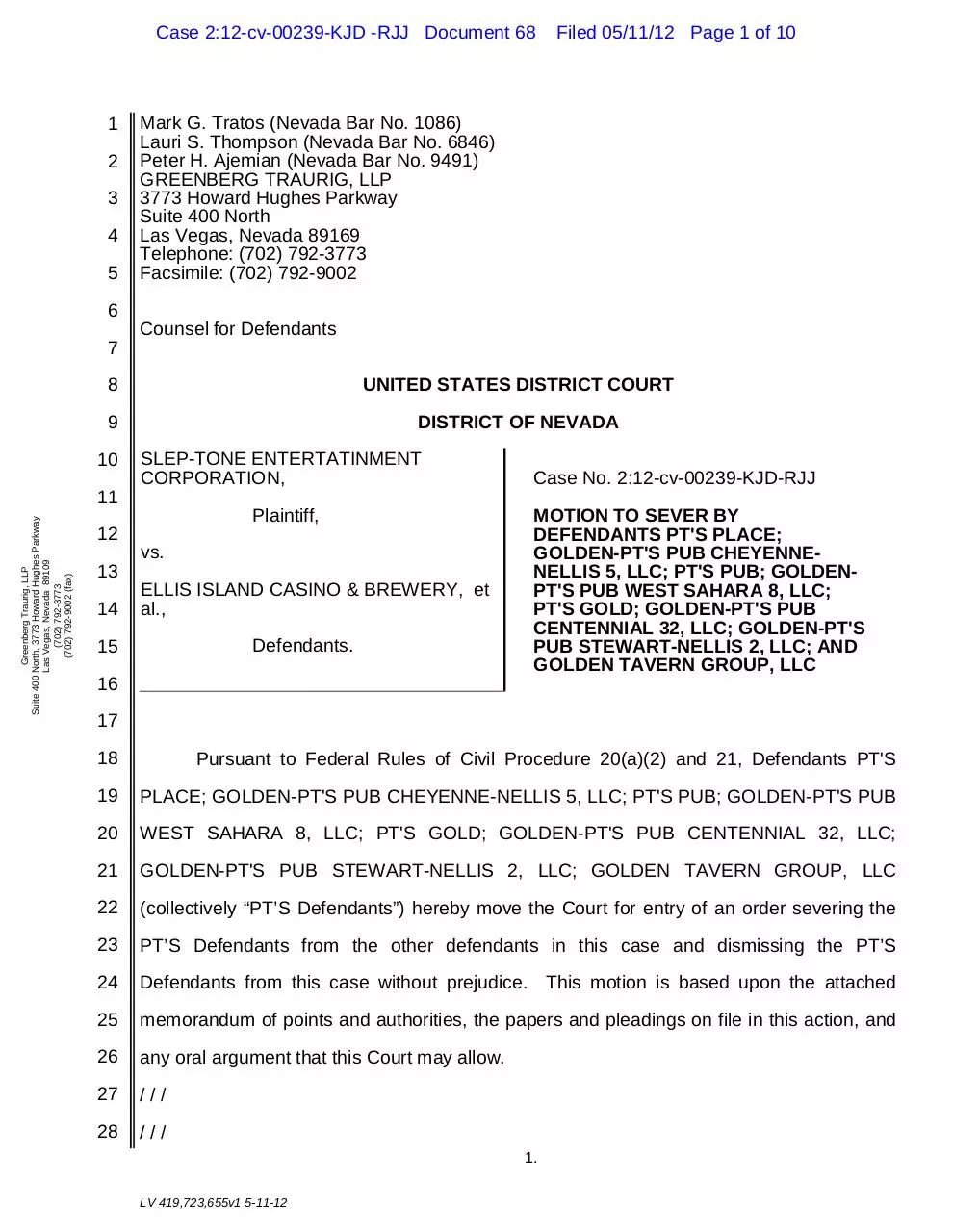 Page 1 of 10, 68 PT's Motion to Sever