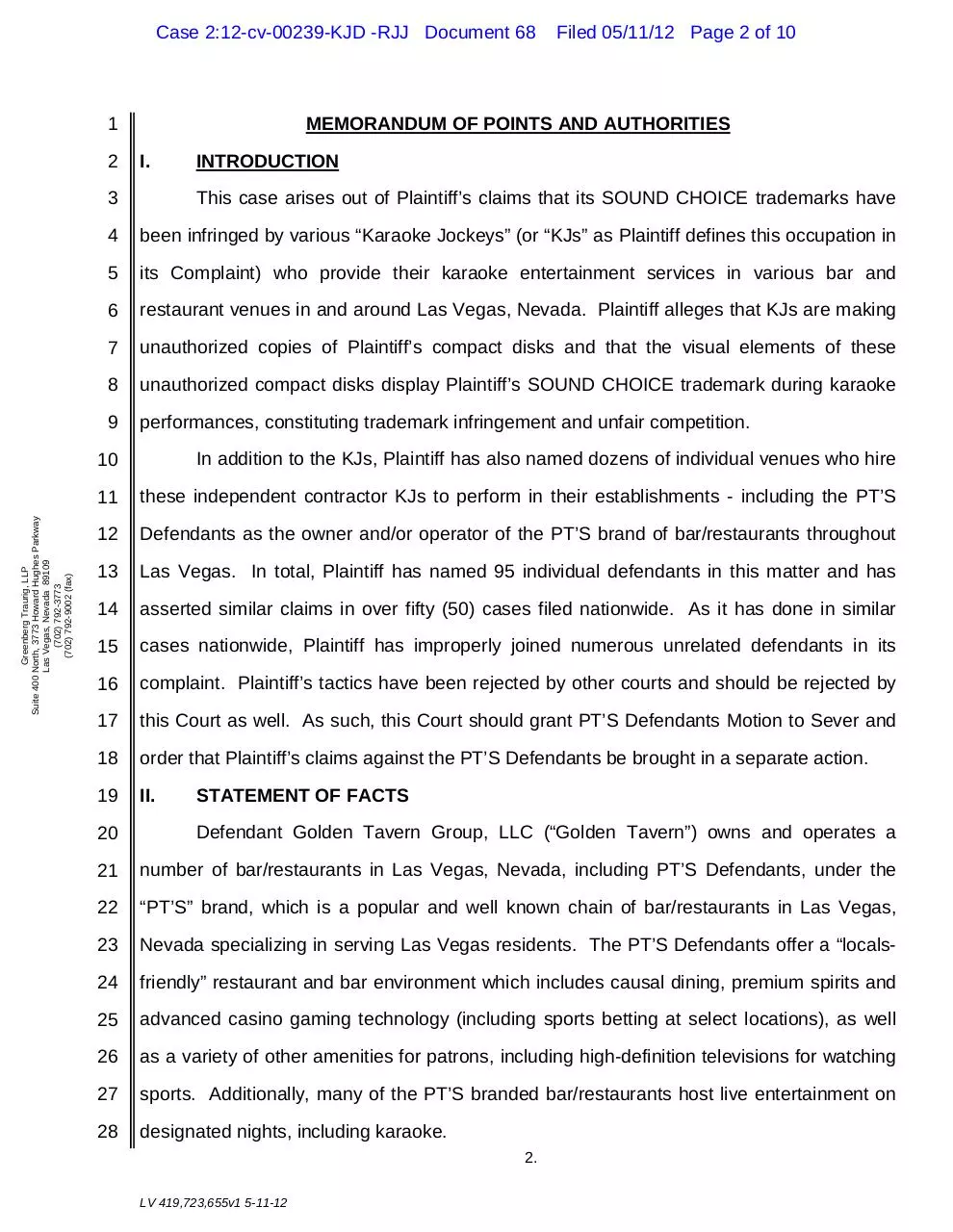 Page 2 of 10, 68 PT's Motion to Sever