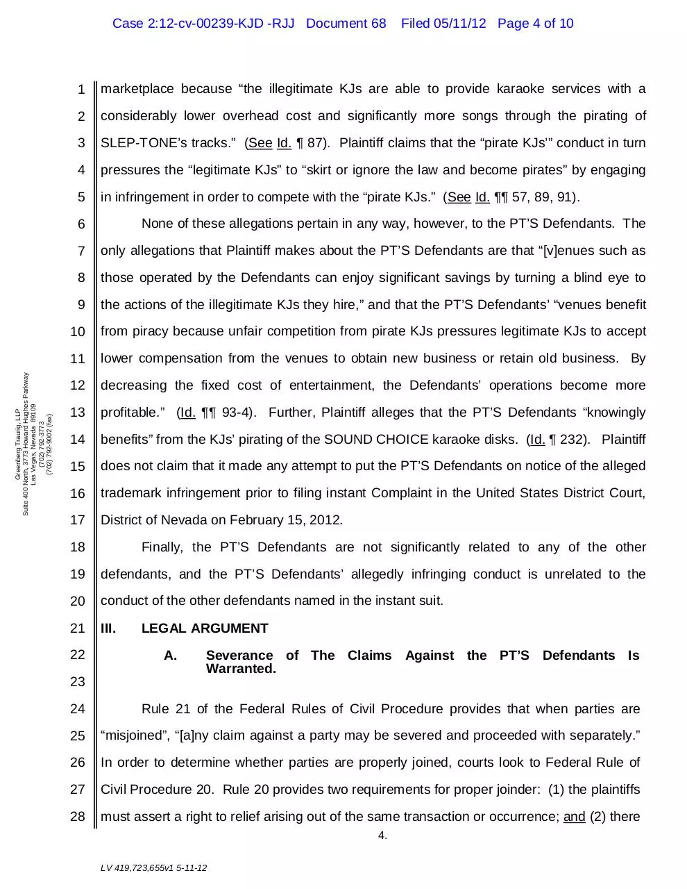 Page 4 of 10, 68 PT's Motion to Sever