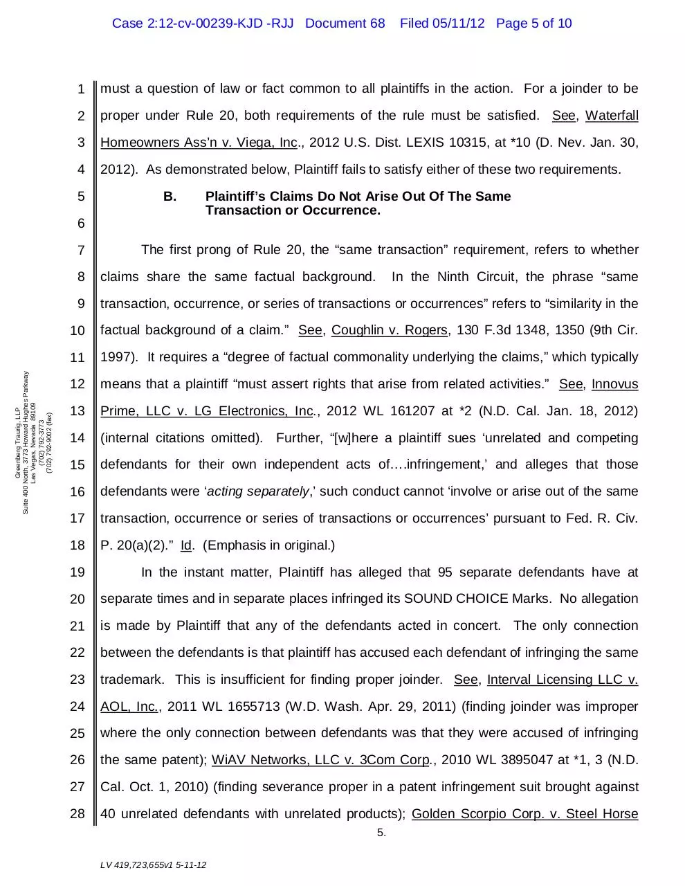 Page 5 of 10, 68 PT's Motion to Sever