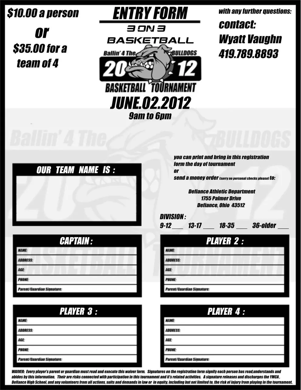 Page 1 of 1, Defiance 3 on 3 registration form