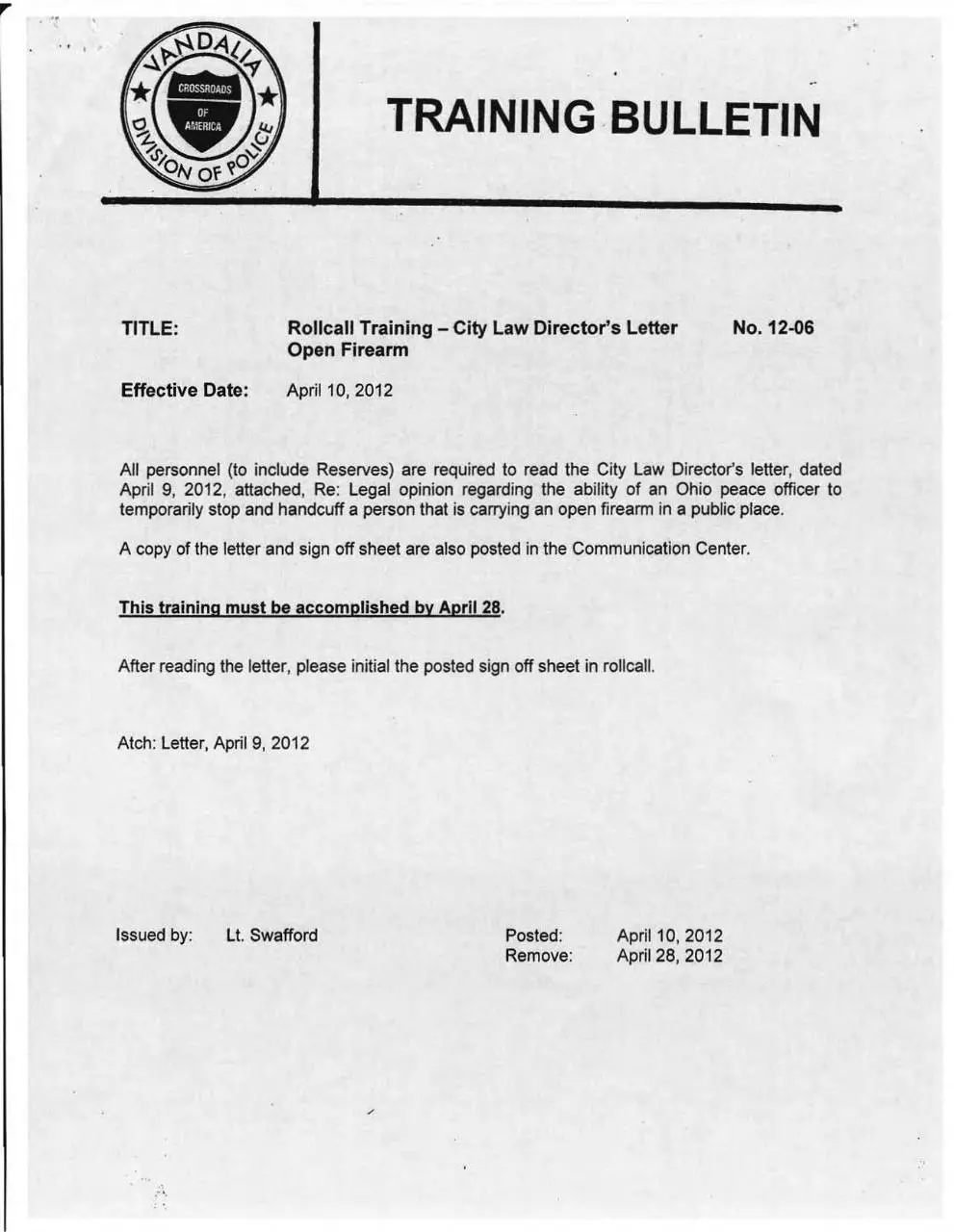 Page 1 of 6, Vandalia Police Bulletin 12 06 with letter