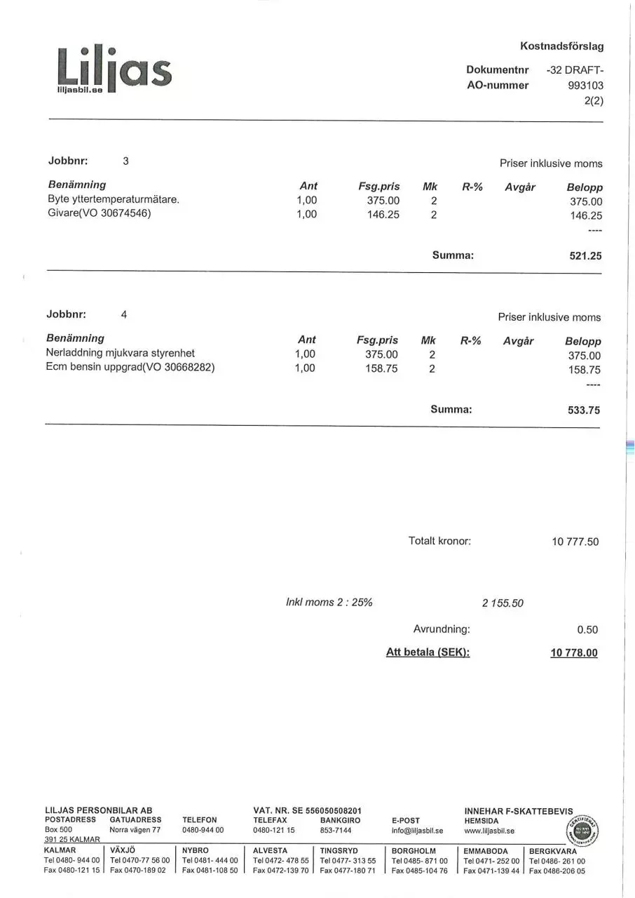 Page 2 of 2, Kostnadsförslag Liljas