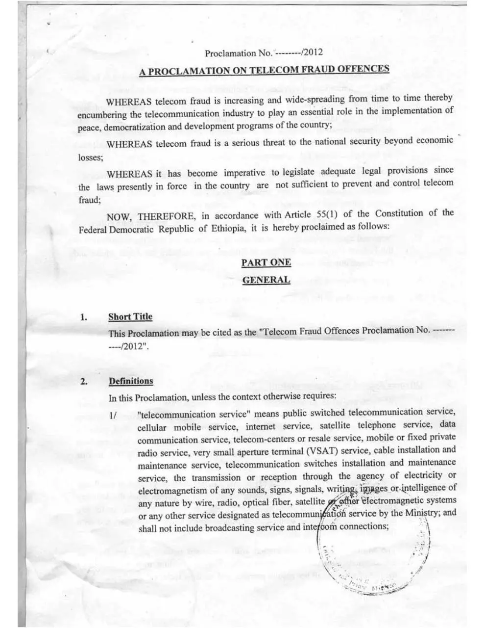 Page 1 of 7, Ethiopia draft Proclamation of Telecom Fraud Offences