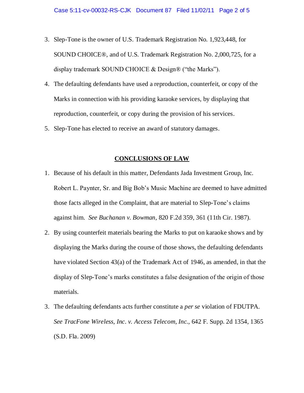 Document preview Panama 87 Default judgment against Paynter, Big Bob's Music Machine.pdf - page 2/5