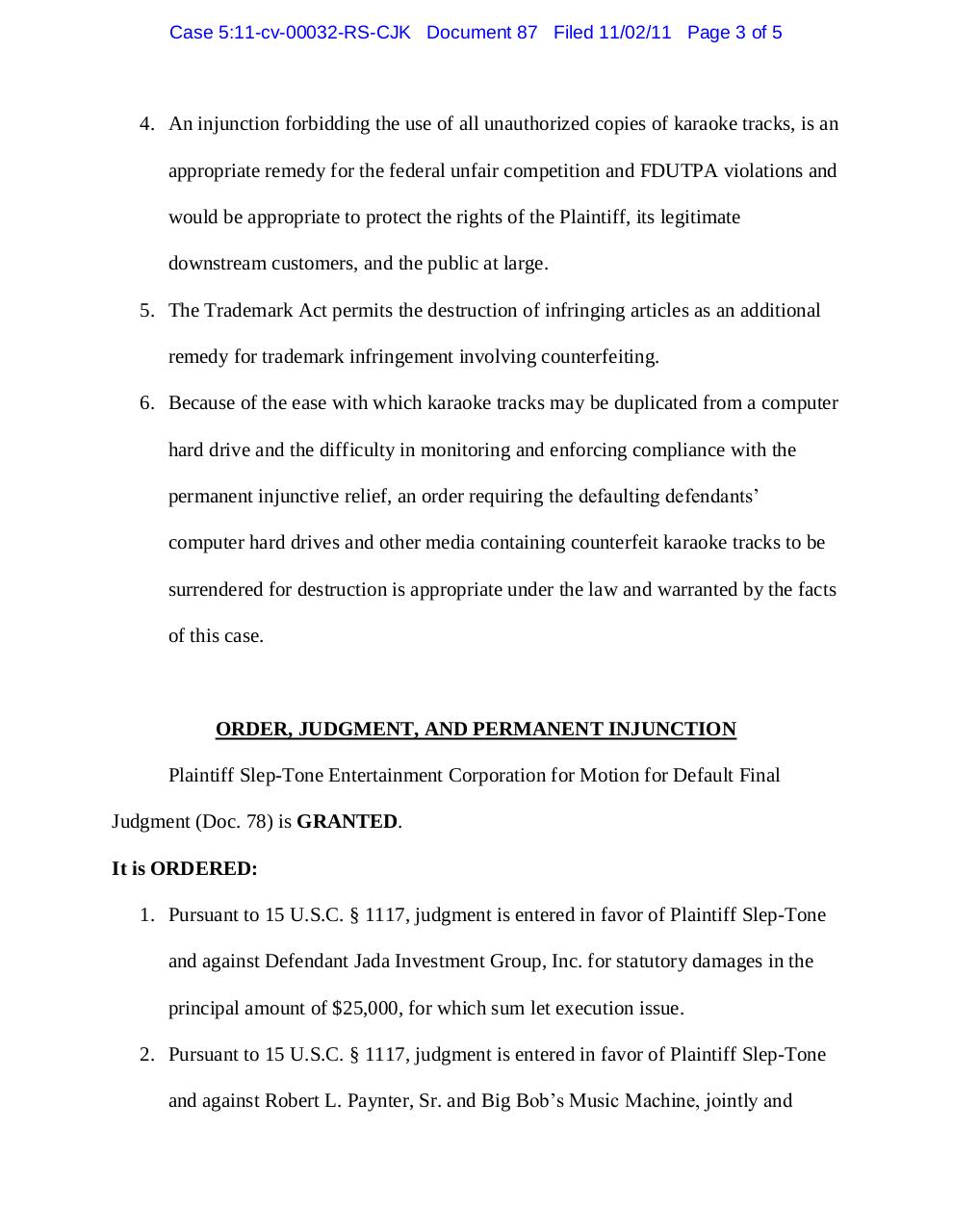 Document preview Panama 87 Default judgment against Paynter, Big Bob's Music Machine.pdf - page 3/5