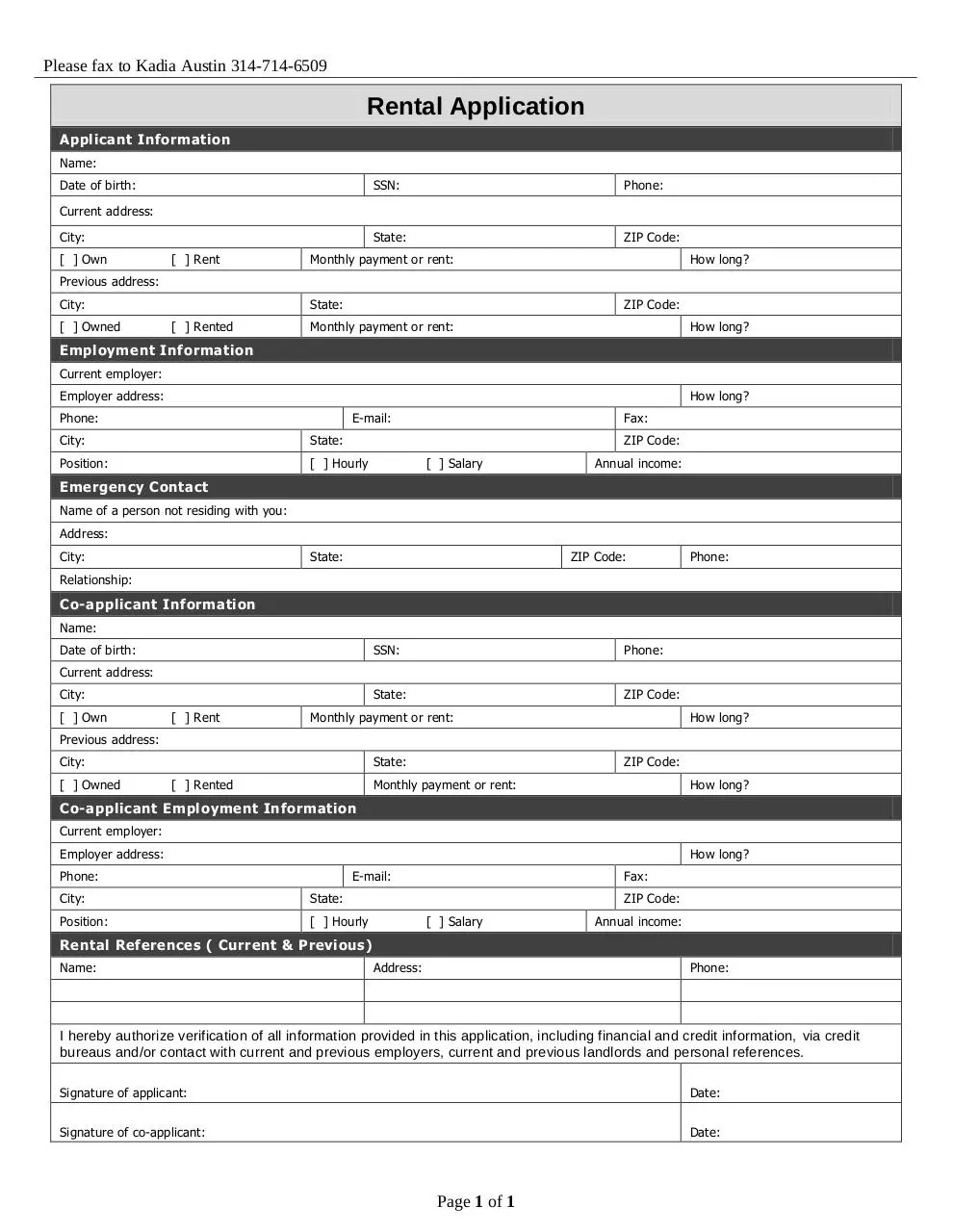 Page 1 of 1, Rental Application