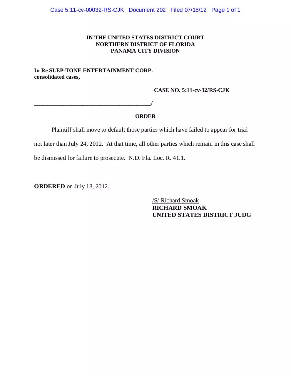 Page 1 of 1, Panama 202 Order to default parties by July 24, 2012