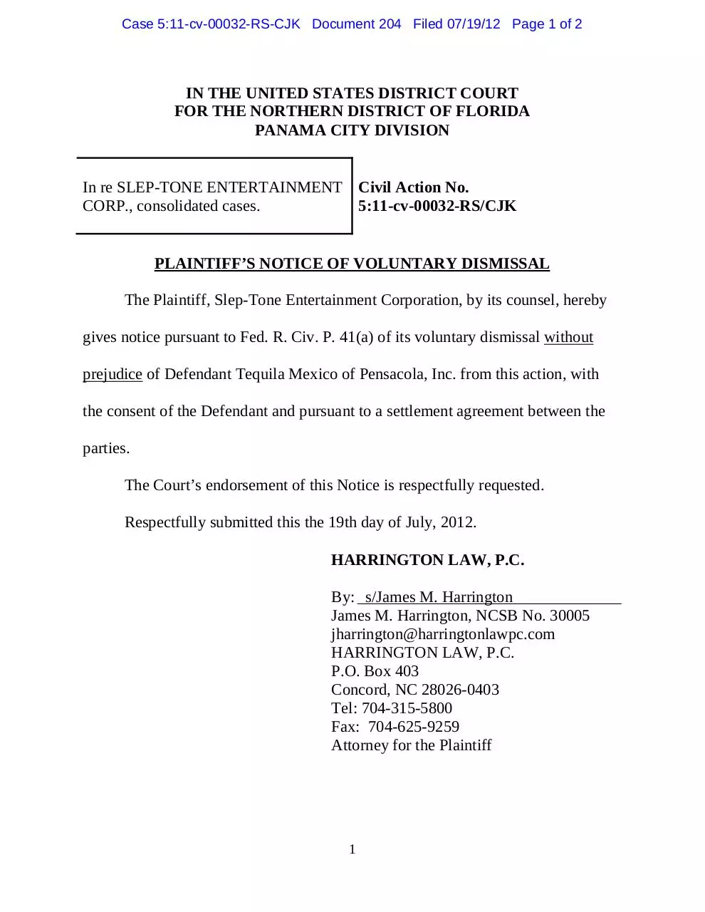 Page 1 of 2, Panama 204 Plaintiff's Notice of Voluntary Dismissal re Tequila Mexico of Pensacola, Inc.