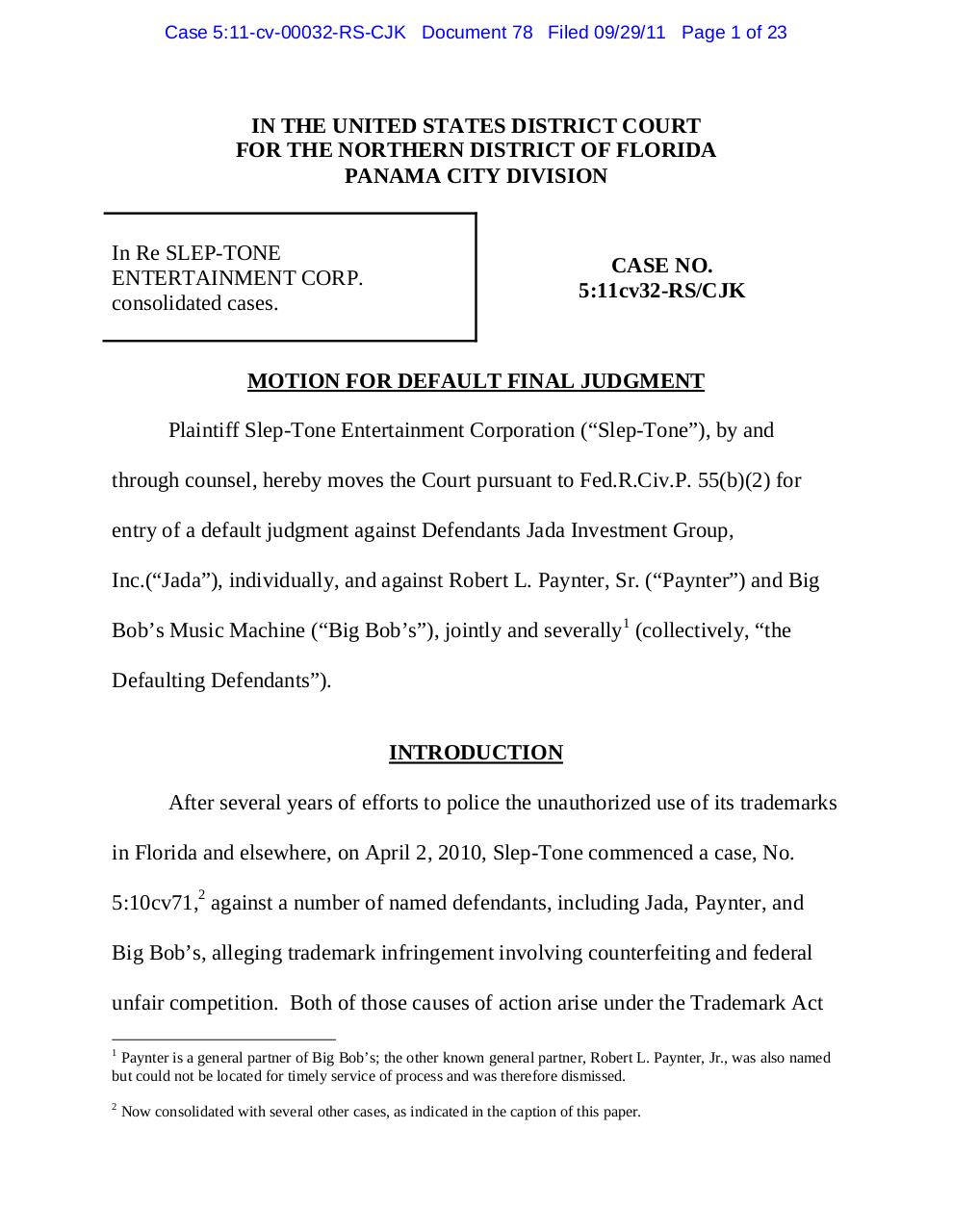 Panama 78 Motion for Default against Big Bob.pdf - page 1/23