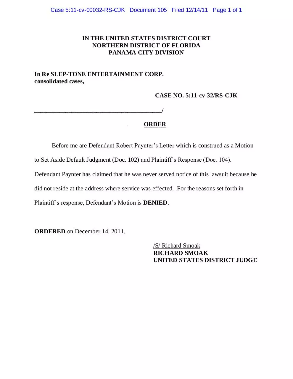 Document preview - Panama 105 Order denying Big Bob's motion to set aside.pdf - Page 1/1