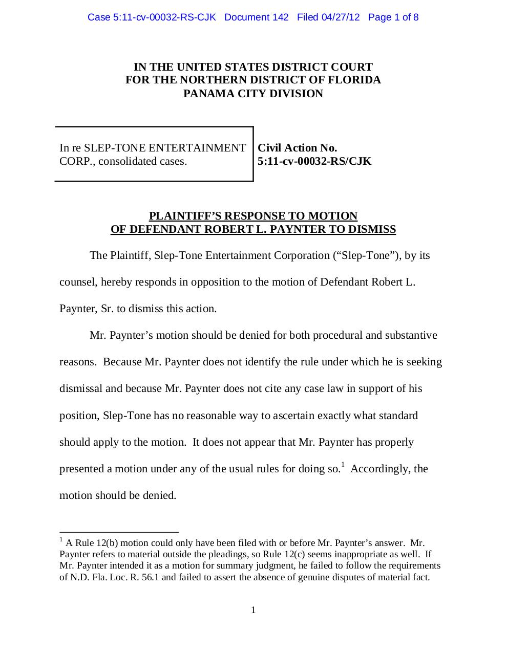 Panama 142 Opposition to Paynter Motion to Dismiss.pdf - page 1/8